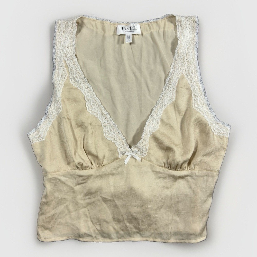 Lyniel Los Angeles Womens M Ivory Satin Lace Crop Top Y2K Coquette Tie Back